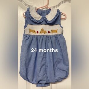 24 month smocked baby girl bubble, blue and white plaid, puppy dogs